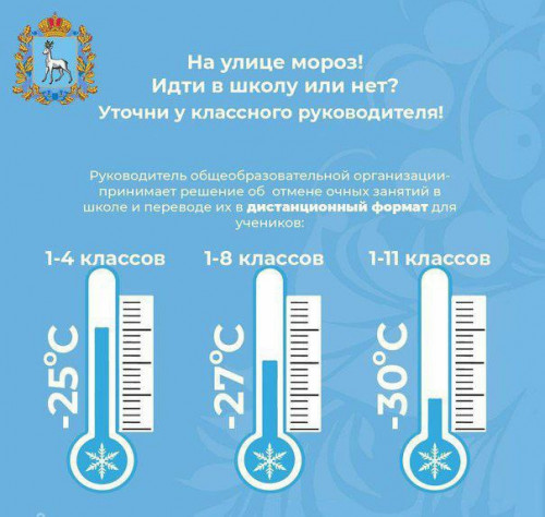 ⚡Министерство образования и науки Самарской области информирует о проведении занятий в период морозов.